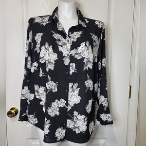 Ruff Hewn Grey Black Floral Buttons Up Blouse
